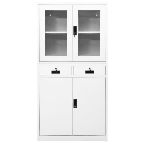 vidaXL Office Cabinet White 35.4"x15.7"x70.9" Steel and Tempered Glass - Image 2