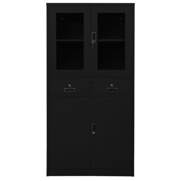 vidaXL Office Cabinet Black 35.4"x15.7"x70.9" Steel and Tempered Glass - Image 2