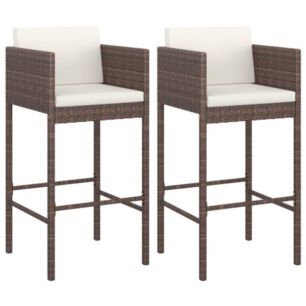 vidaXL Bar Stools 2 pcs with Cushions Brown Poly Rattan - Image 2