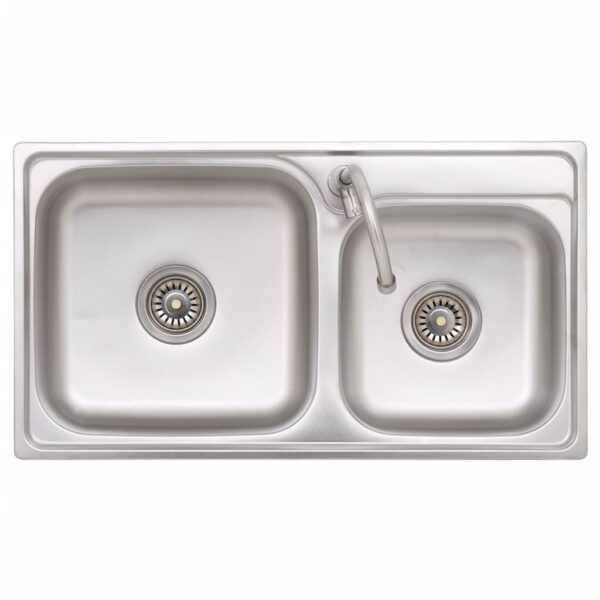 vidaXL Camping Sink Double Basins with Tap Stainless Steel - Image 5