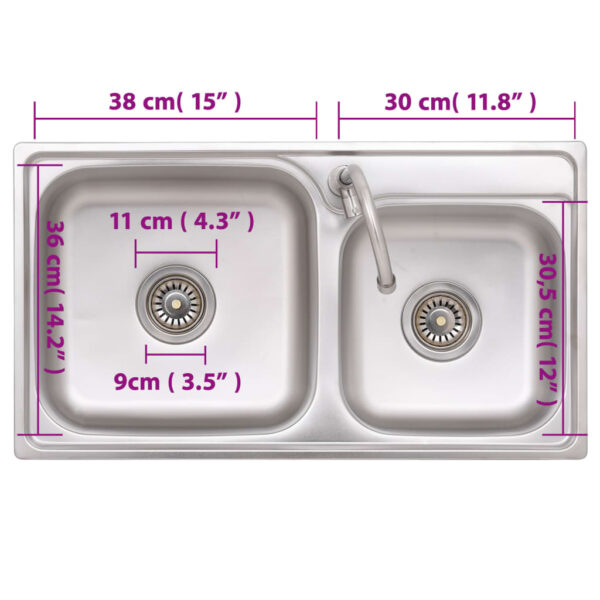 vidaXL Camping Sink Double Basins with Tap Stainless Steel - Image 9