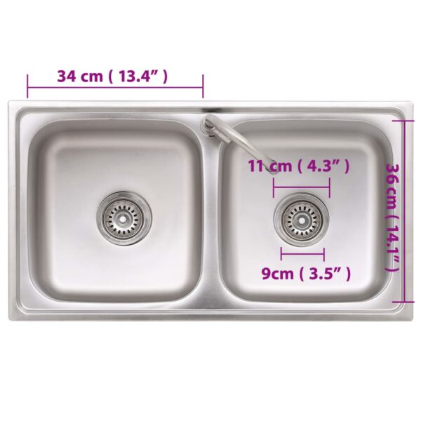 vidaXL Camping Sink Double Basins with Tap Stainless Steel - Image 9