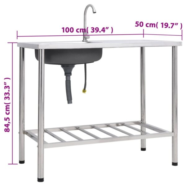 vidaXL Camping Sink Single Basin with Tap Stainless Steel - Image 8