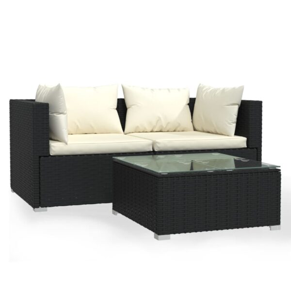 vidaXL Patio Furniture Set 3 Piece with Cushions Black Poly Rattan - Image 2