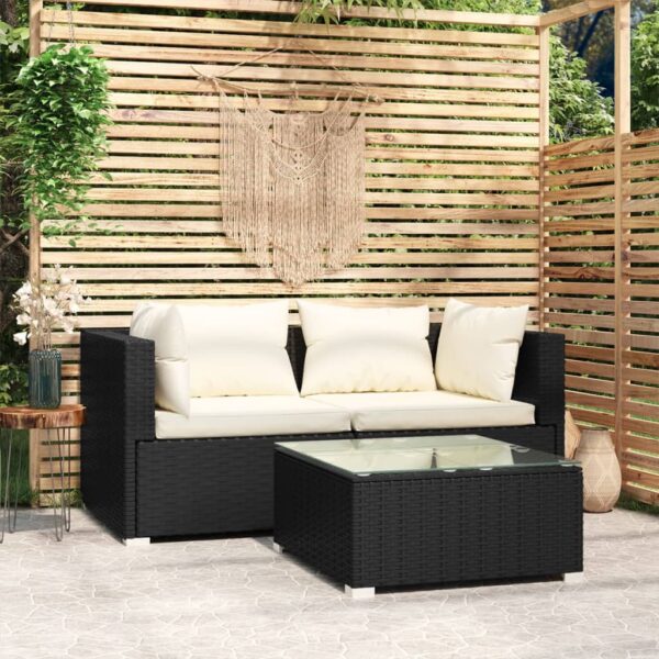 vidaXL Patio Furniture Set 3 Piece with Cushions Black Poly Rattan