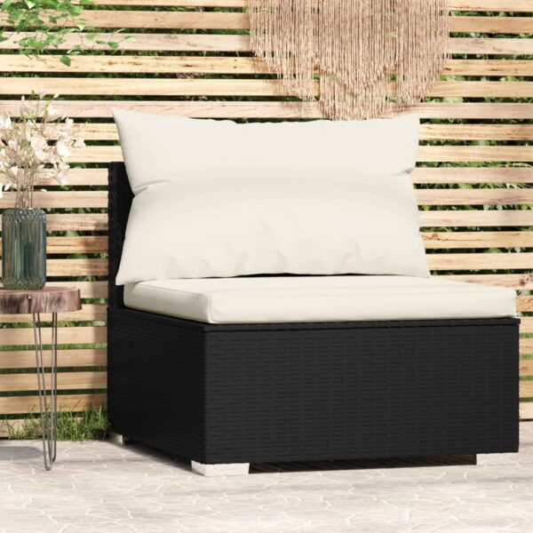 vidaXL Patio Middle Sofa with Cushions Black Poly Rattan