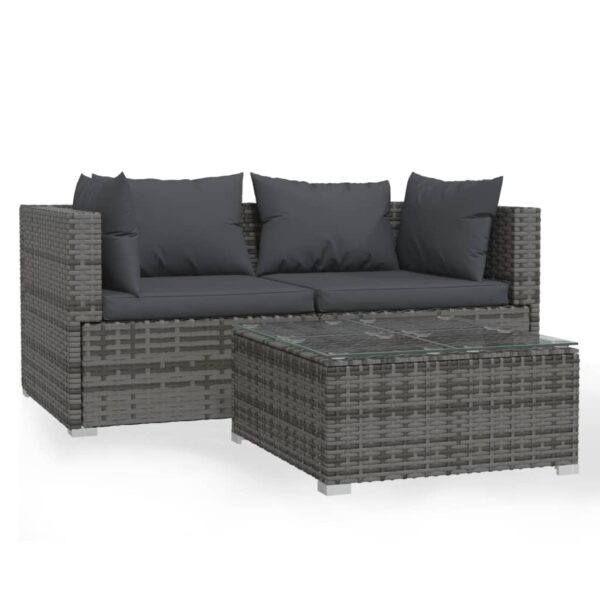 vidaXL Patio Furniture Set 3 Piece with Cushions Gray Poly Rattan - Image 2