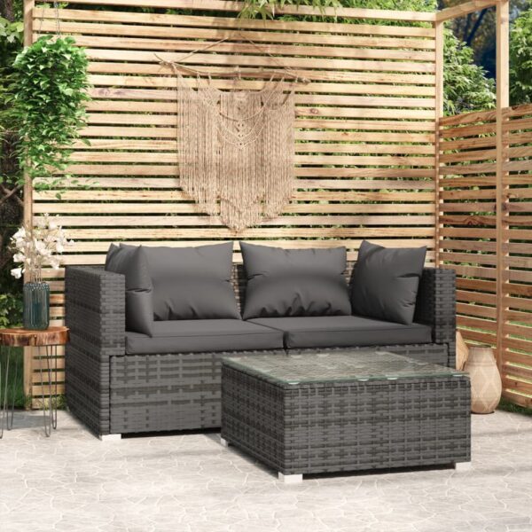 vidaXL Patio Furniture Set 3 Piece with Cushions Gray Poly Rattan