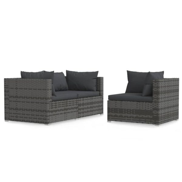 vidaXL 3 Piece Patio Lounge Set with Cushions Gray Poly Rattan - Image 2