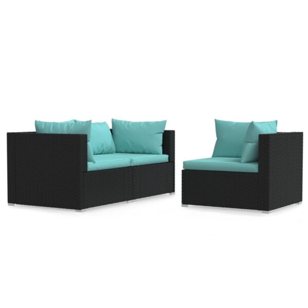 vidaXL 3 Piece Patio Lounge Set with Cushions Black Poly Rattan - Image 2