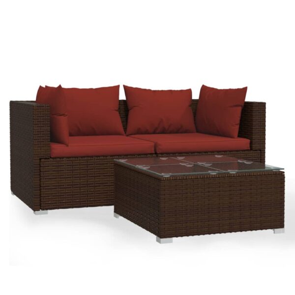 vidaXL Patio Furniture Set 3 Piece with Cushions Brown Poly Rattan - Image 2