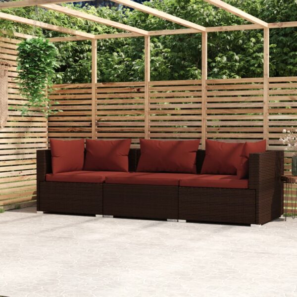 vidaXL Wicker Patio Furniture 3 Piece with Cushions Brown Poly Rattan