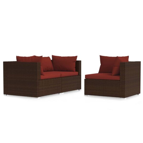 vidaXL 3 Piece Patio Lounge Set with Cushions Brown Poly Rattan - Image 2