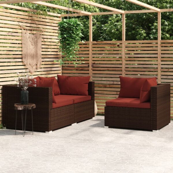 vidaXL 3 Piece Patio Lounge Set with Cushions Brown Poly Rattan