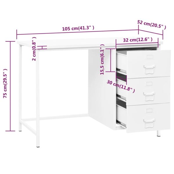 vidaXL Industrial Desk with Drawers White 41.3"x20.5"x29.5" Steel - Image 8