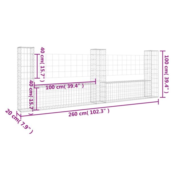 vidaXL U-shape Gabion Basket with 3 Posts Iron 102.4"x7.9"x39.4" - Image 6