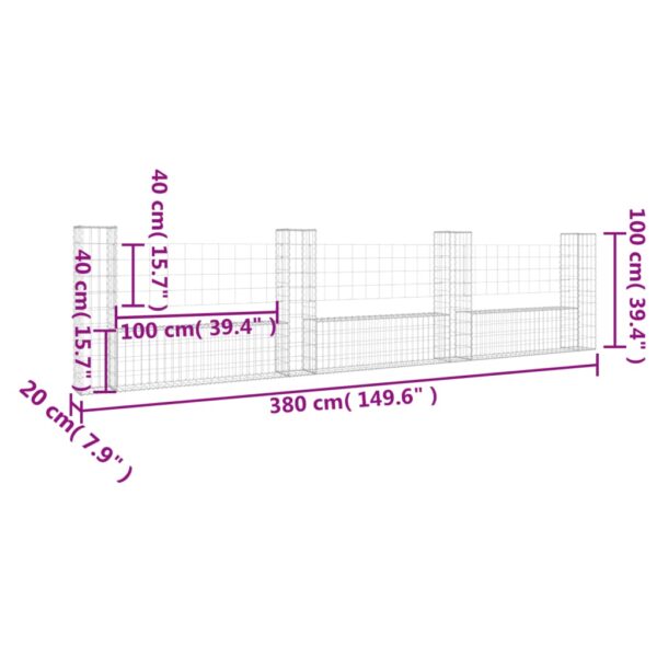 vidaXL U-shape Gabion Basket with 4 Posts Iron 149.6"x7.9"x39.4" - Image 6