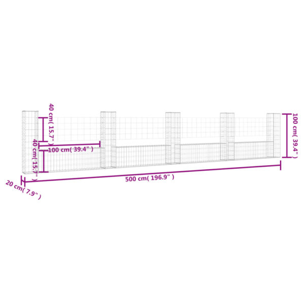 vidaXL U-shape Gabion Basket with 5 Posts Iron 196.9"x7.9"x39.4" - Image 6