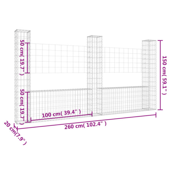 vidaXL U-shape Gabion Basket with 3 Posts Iron 102.4"x7.9"x59.1" - Image 6