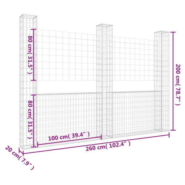 vidaXL U-shape Gabion Basket with 3 Posts Iron 102.4"x7.9"x78.7" - Image 6