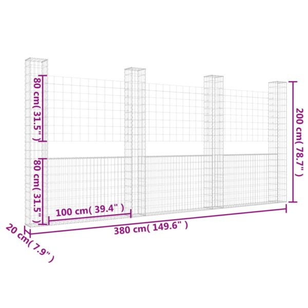 vidaXL U-shape Gabion Basket with 4 Posts Iron 149.6"x7.9"x78.7" - Image 6