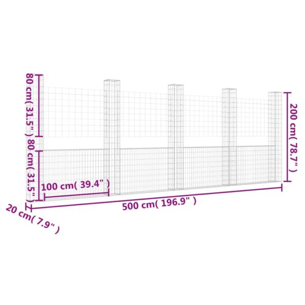 vidaXL U-shape Gabion Basket with 5 Posts Iron 196.9"x7.9"x78.7" - Image 6