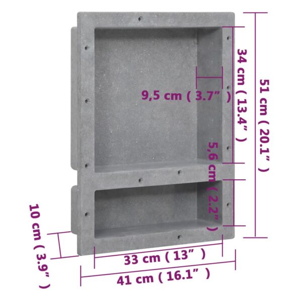 vidaXL Shower Niche with 2 Compartments Matt Gray 16.1"x20.1"x3.9" - Image 7