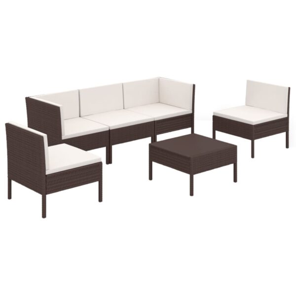 vidaXL 6 Piece Patio Lounge Set with Cushions Poly Rattan Brown - Image 2