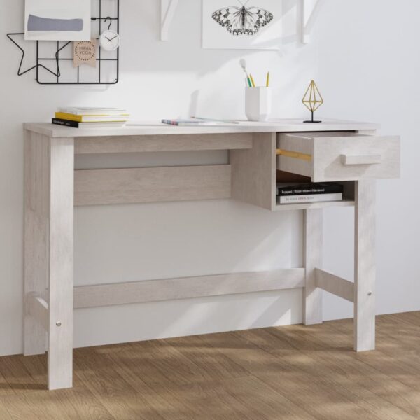 vidaXL Desk HAMAR White 43.3"x15.7"x29.5" Solid Wood Pine - Image 3