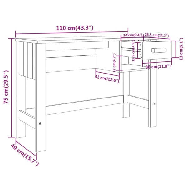 vidaXL Desk HAMAR White 43.3"x15.7"x29.5" Solid Wood Pine - Image 8