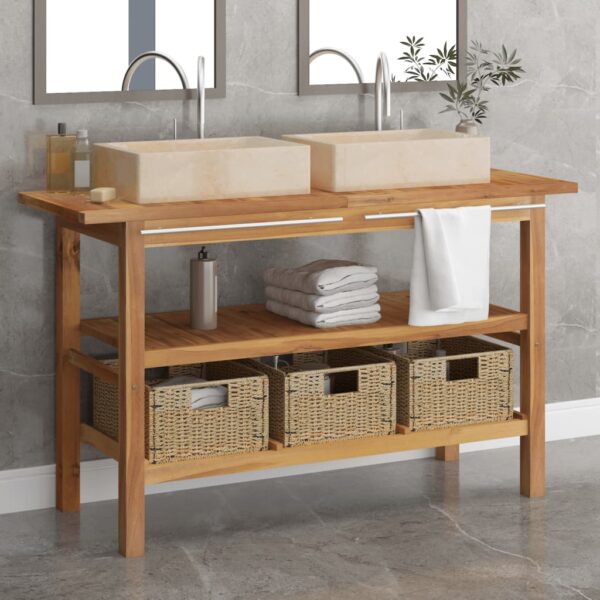 vidaXL Bathroom Vanity Cabinet with Cream Marble Sinks Solid Wood Teak