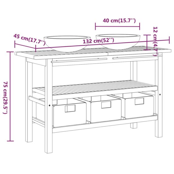 vidaXL Bathroom Vanity Cabinet with Black Marble Sinks Solid Wood Teak - Image 12