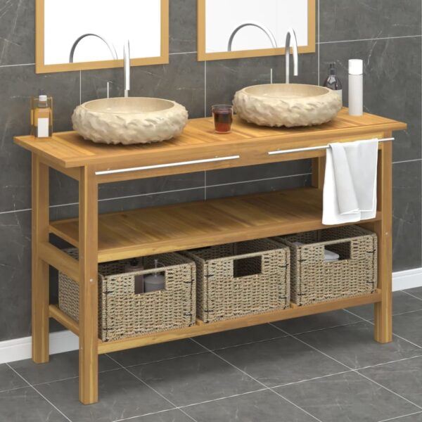 vidaXL Bathroom Vanity Cabinet with Cream Marble Sinks Solid Wood Teak