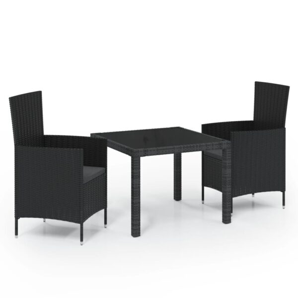 vidaXL 3 Piece Patio Dining Set with Cushions Poly Rattan Black - Image 2