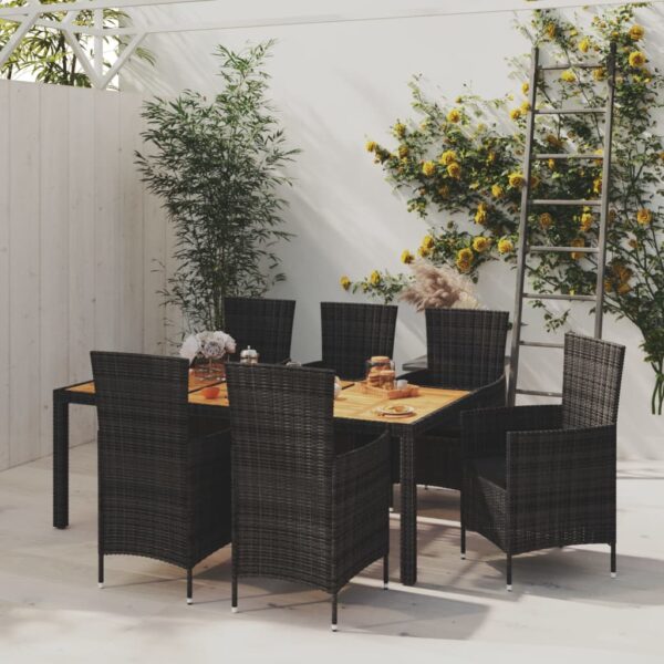 vidaXL 7 Piece Patio Dining Set with Cushions Poly Rattan Black