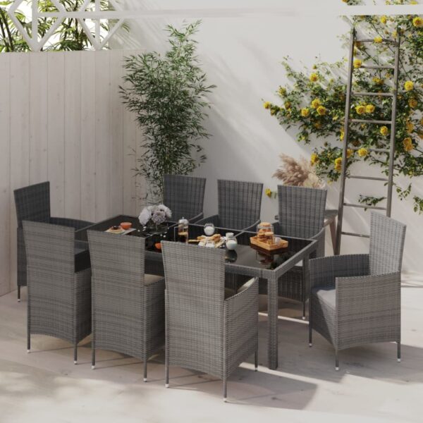 vidaXL 9 Piece Patio Dining Set with Cushions Poly Rattan Gray