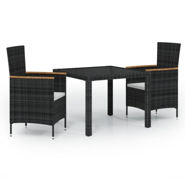 vidaXL 3 Piece Patio Dining Set with Cushions Poly Rattan Black - Image 2