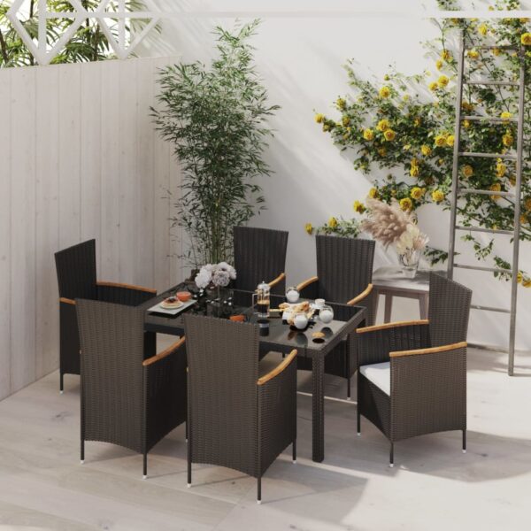 vidaXL 7 Piece Patio Dining Set with Cushions Poly Rattan Black