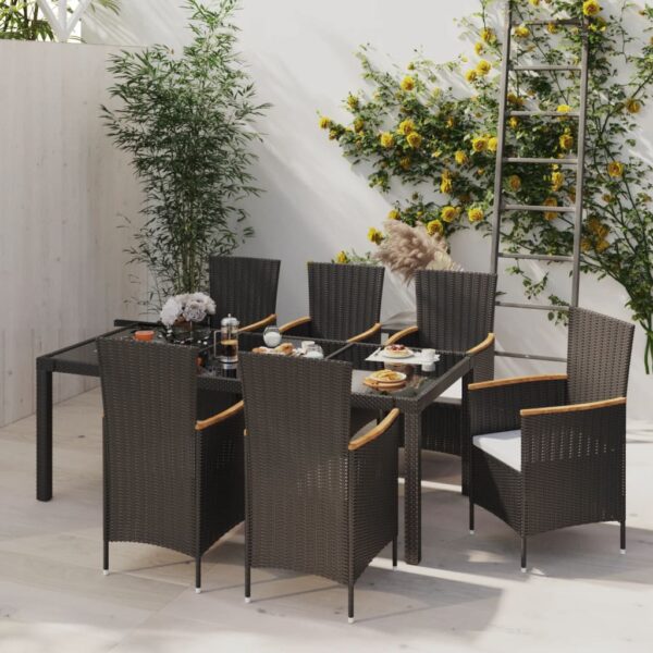 vidaXL 7 Piece Patio Dining Set with Cushions Poly Rattan Black