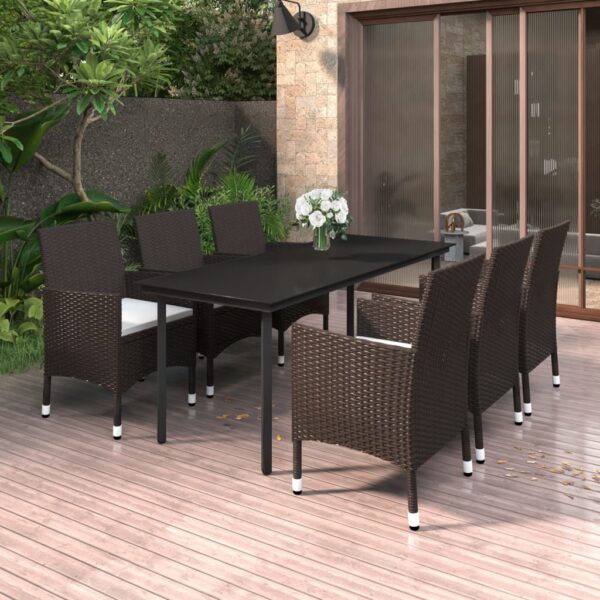 vidaXL 7 Piece Patio Dining Set with Cushions Poly Rattan and Glass