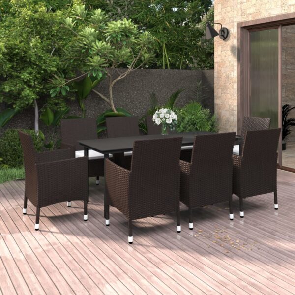 vidaXL 9 Piece Patio Dining Set with Cushions Poly Rattan and Glass