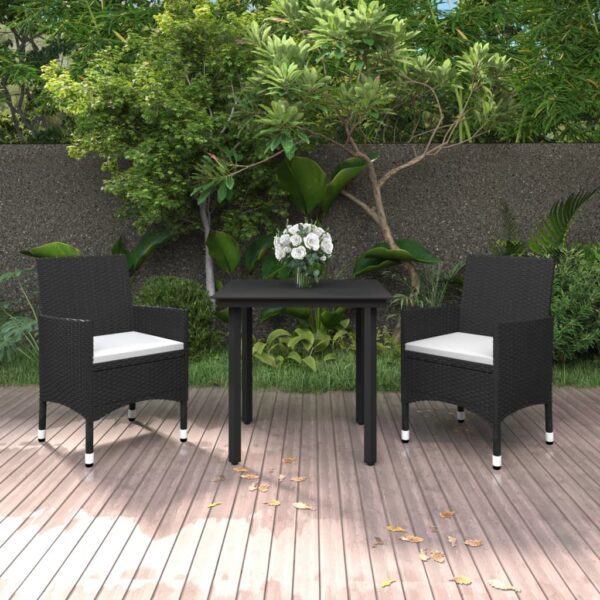 vidaXL 3 Piece Patio Dining Set with Cushions Poly Rattan and Glass