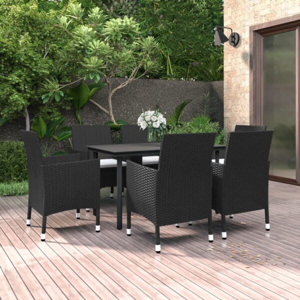 vidaXL 7 Piece Patio Dining Set with Cushions Poly Rattan and Glass