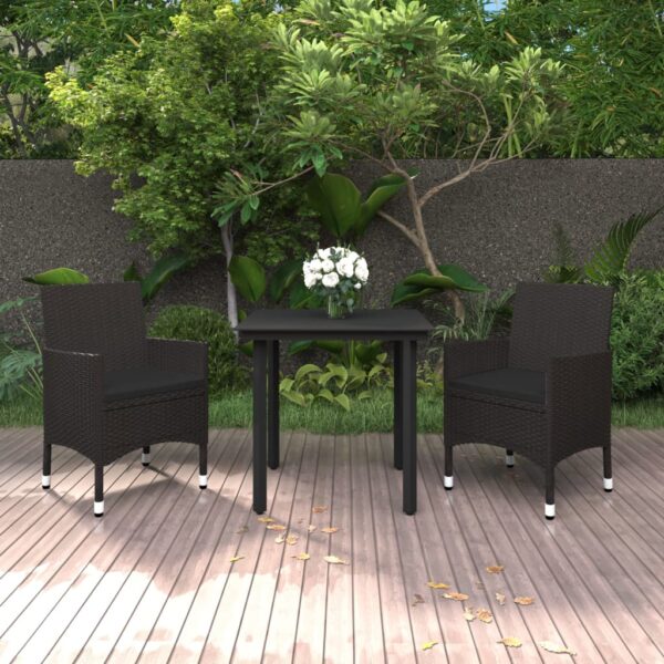 vidaXL 3 Piece Patio Dining Set with Cushions Poly Rattan and Glass