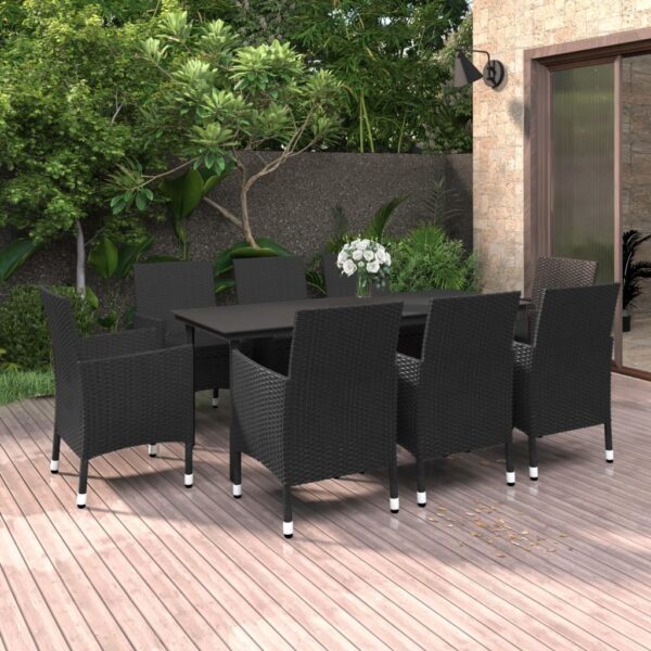 vidaXL 9 Piece Patio Dining Set with Cushions Poly Rattan and Glass