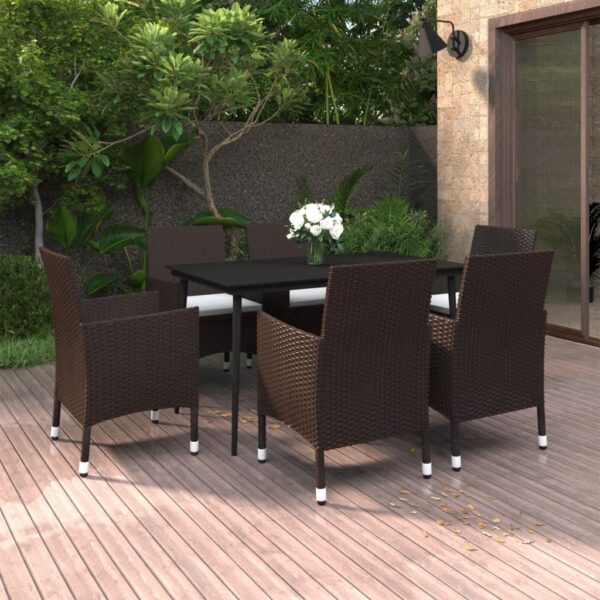 vidaXL 7 Piece Patio Dining Set with Cushions Poly Rattan and Glass