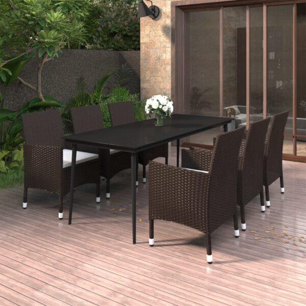 vidaXL 7 Piece Patio Dining Set with Cushions Poly Rattan and Glass