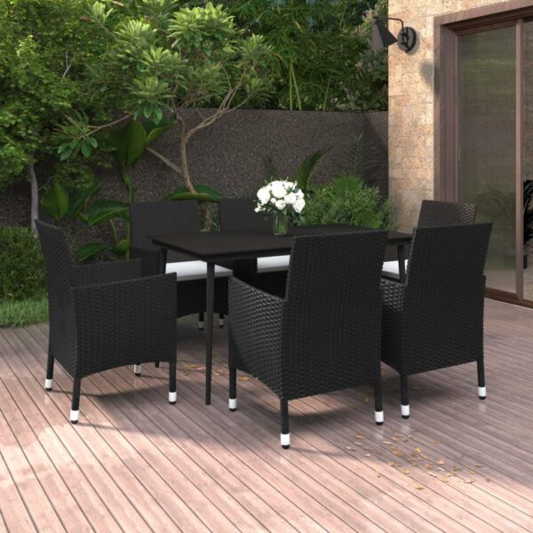 vidaXL 7 Piece Patio Dining Set with Cushions Poly Rattan and Glass