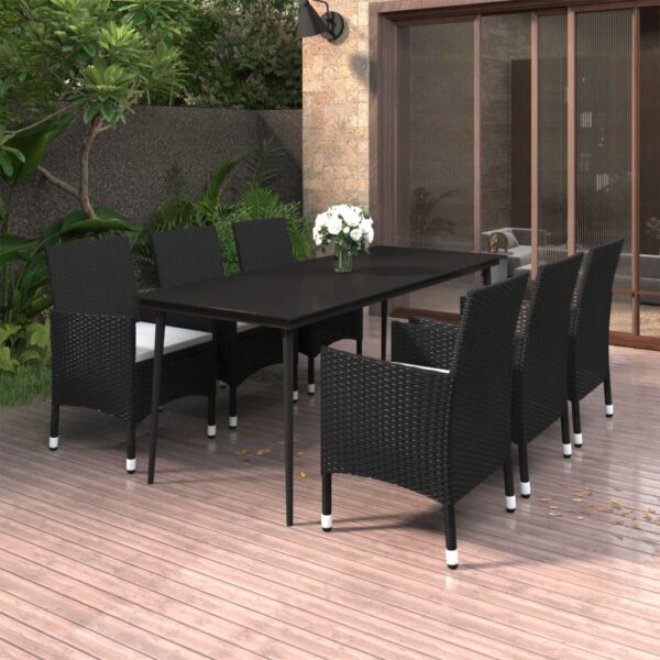 vidaXL 7 Piece Patio Dining Set with Cushions Poly Rattan and Glass