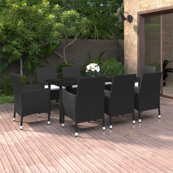 vidaXL 9 Piece Patio Dining Set with Cushions Poly Rattan and Glass